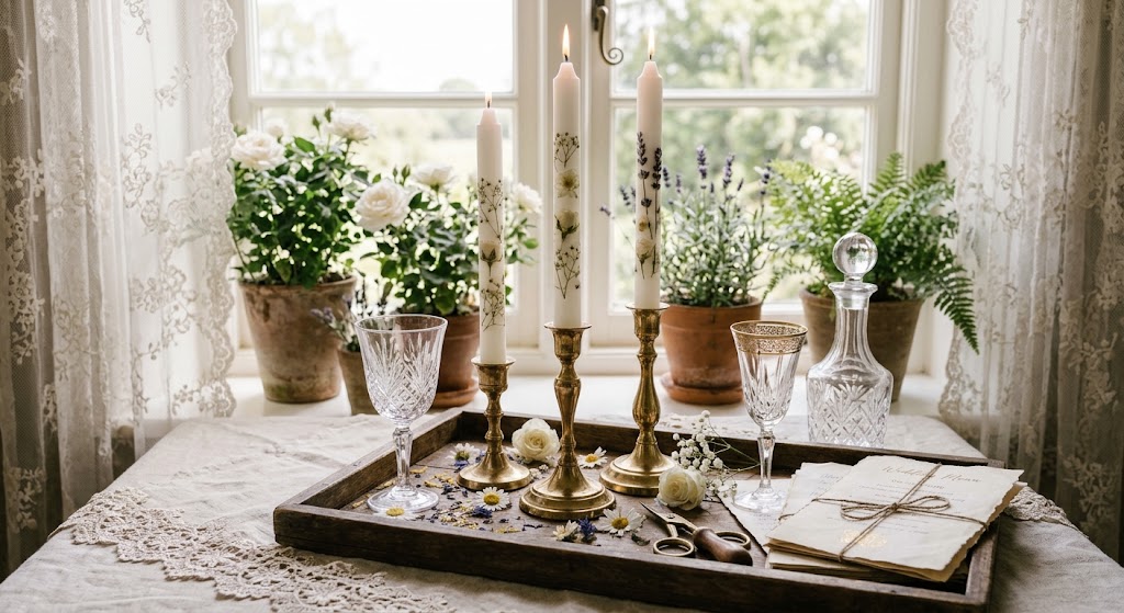 Romantic Wedding Candle Décor with Pressed Flowers
