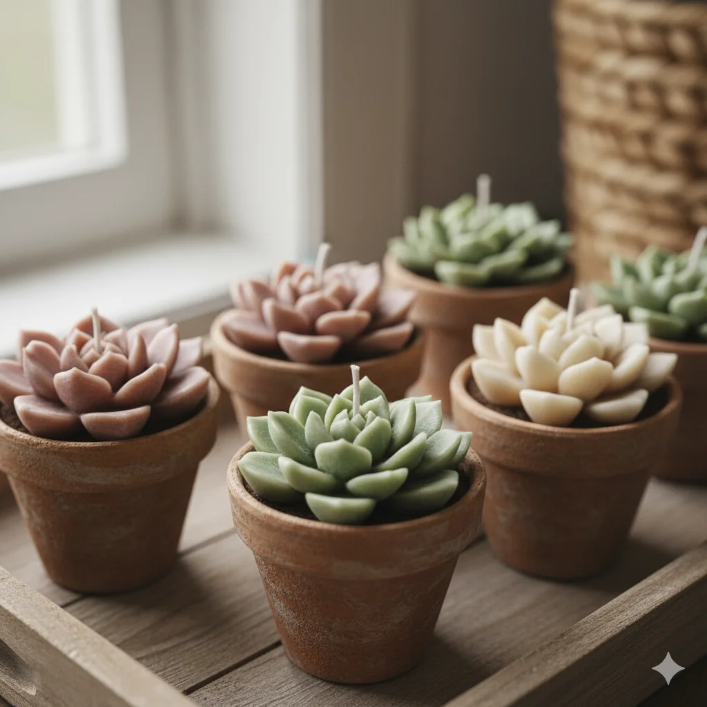 DIY Succulent Candles
A close-up of several small succulent-shaped candles in terracotta pots on a wooden tray.