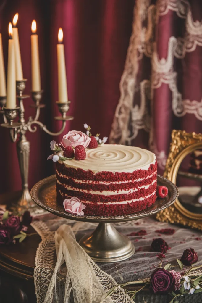 Cake Flavor & Texture Inspiration for a Dark Academia Theme.
A red velvet cake with white frosting, raspberries, and flowers on a silver cake stand.