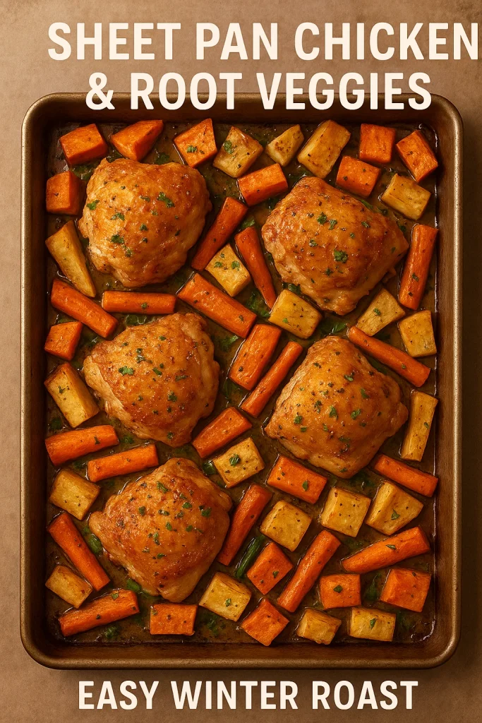Sheet Pan Roasted Chicken & Root Vegetables.
roasted winter vegetables, healthy winter meal, easy dinner recipe