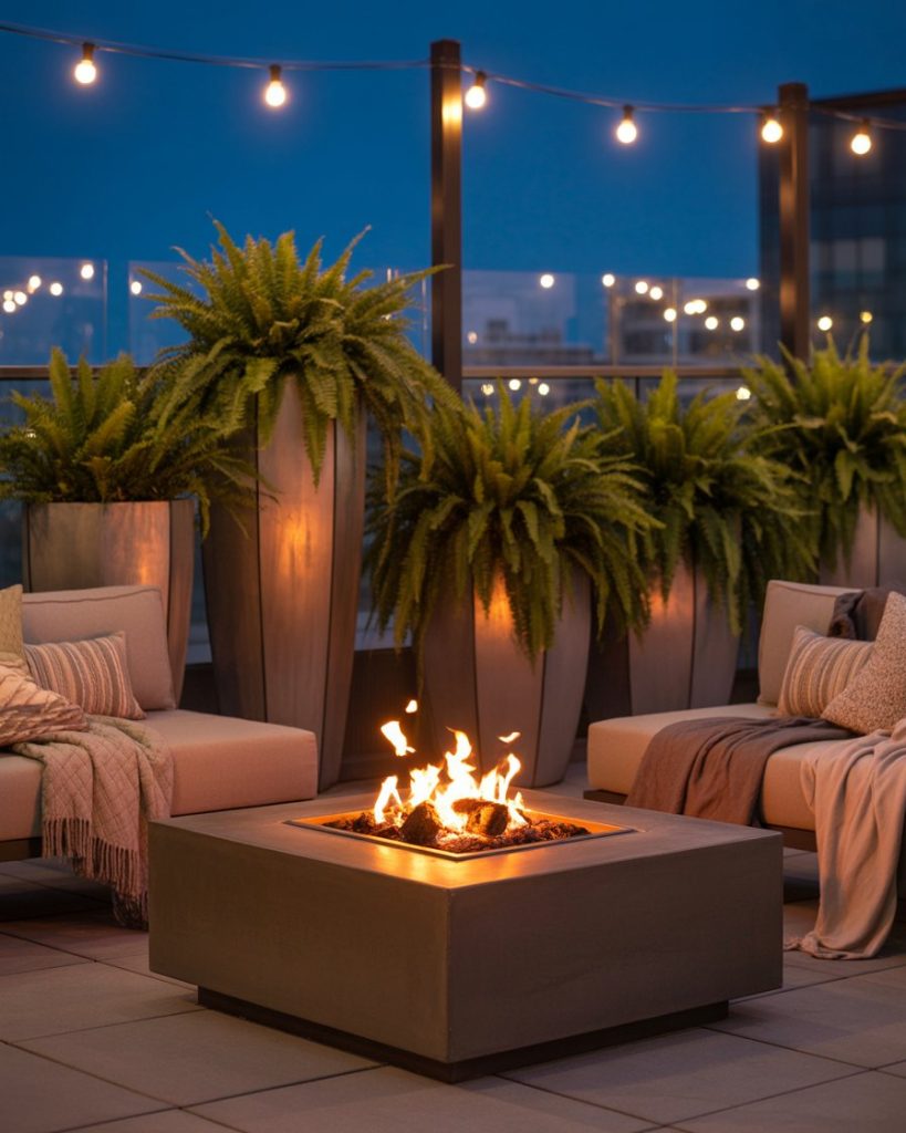 Table-Style Firepit on Rooftop
a modern, square fire pit table, which is often made of concrete or a similar material with a concrete-like finish. These fire pit tables are designed to be a centerpiece for outdoor gatherings, providing both warmth and a focal point for conversation. The fire is contained within a central basin, and these types of units typically run on natural gas or propane. 