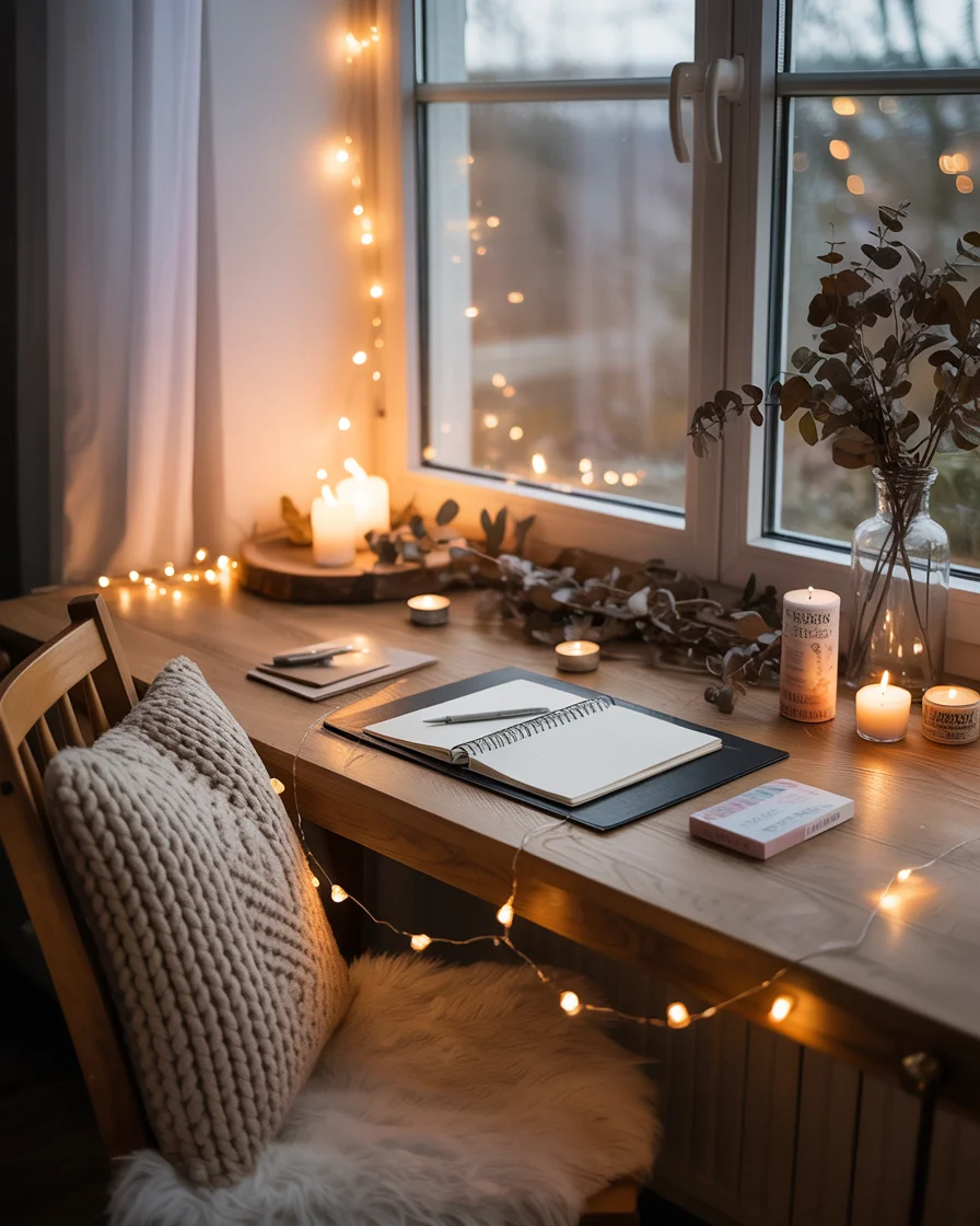 A cozy desk setup with an open notebook, lit by candles and string lights, next to a window.