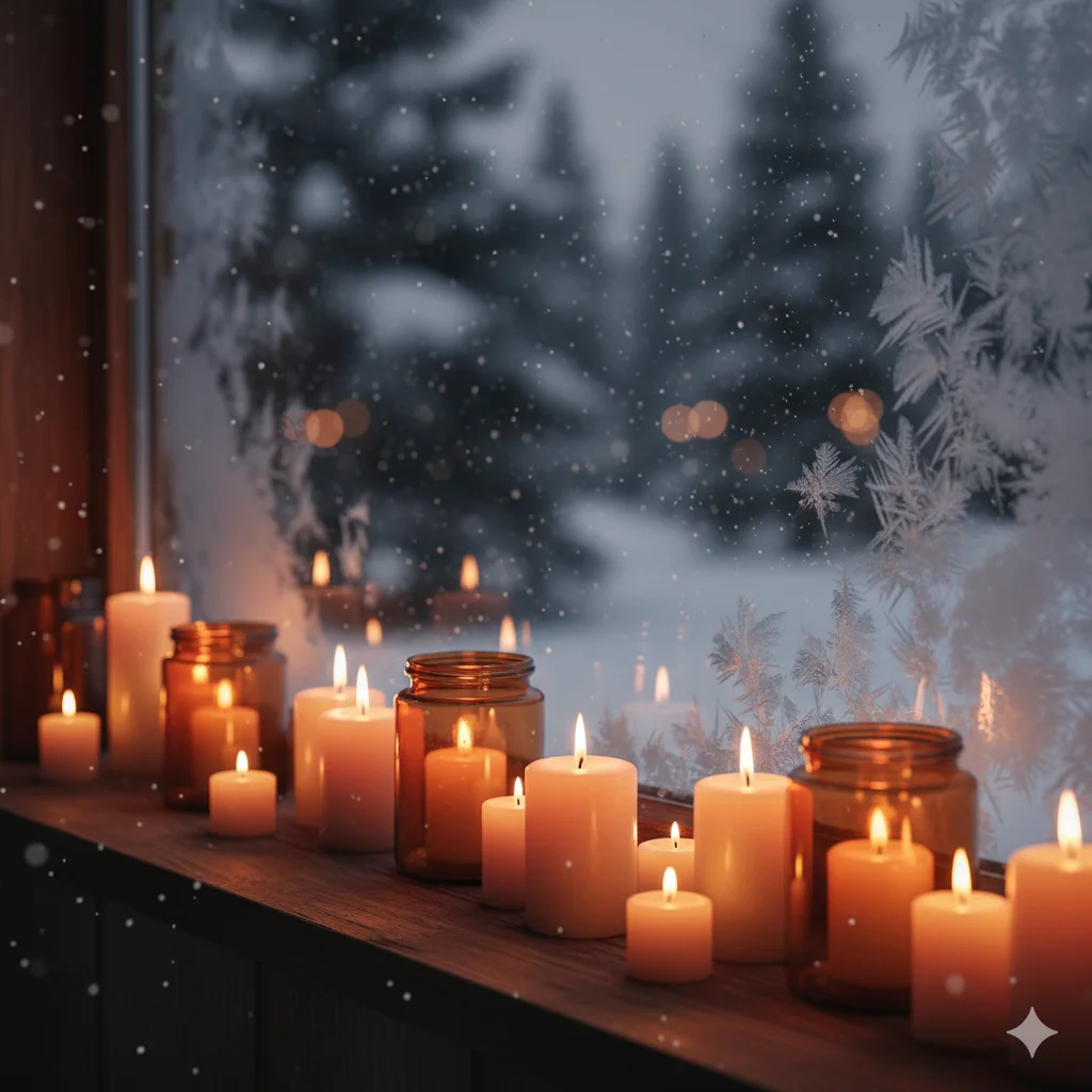 pillar candles, tea lights, and LED flameless candles along the window ledge for winter decor