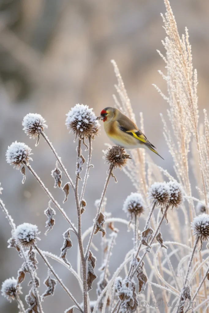 Seed Heads and Grasses
A goldfinch perches on a frosty, dried thistle plant in a winter landscape.