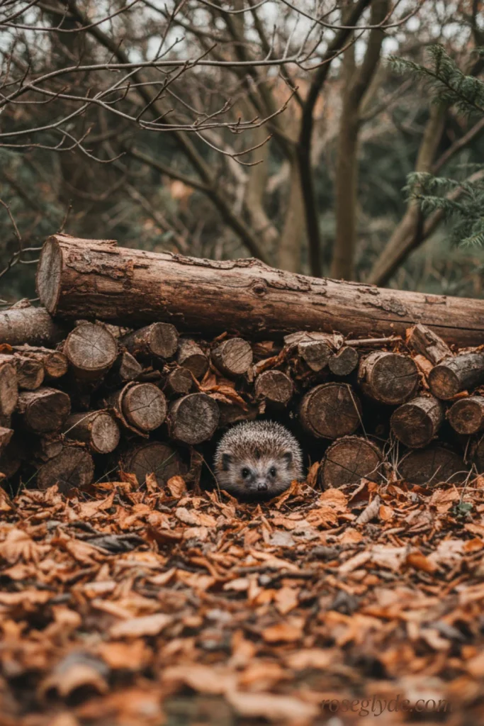 Providing Shelter and Habitat in Wildlife-Friendly Garden
A hedgehog peeking out from a pile of logs and dry leaves.