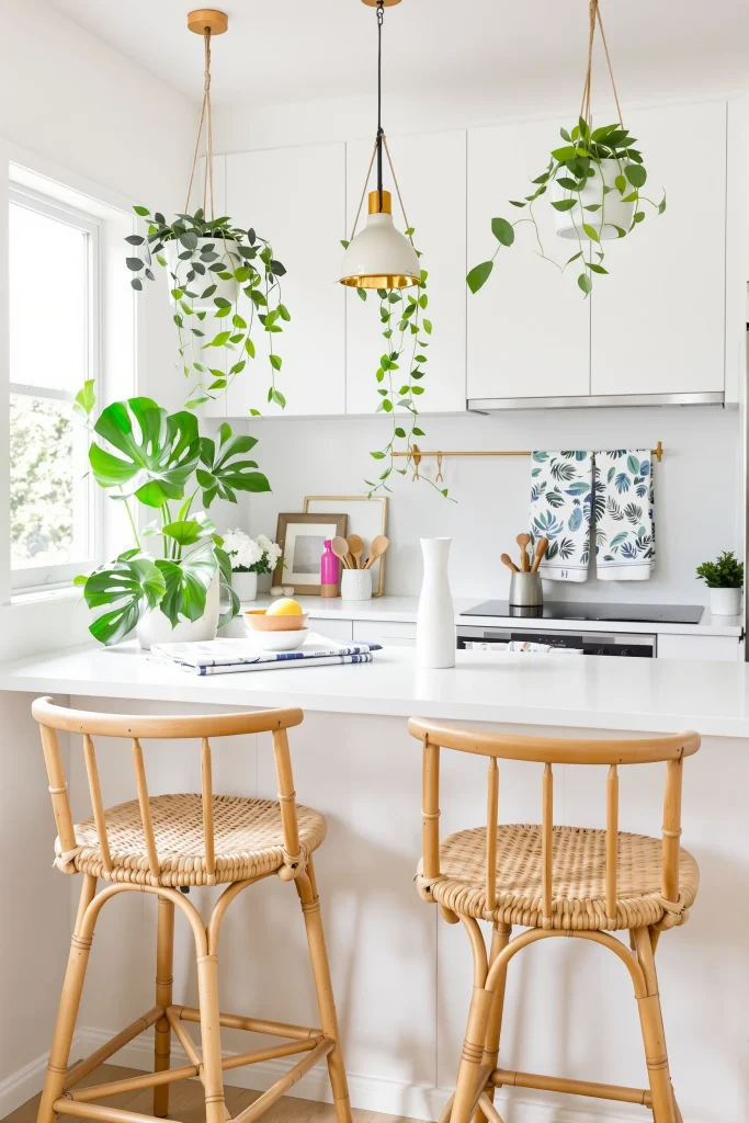 A modern tropical apartment kitchen counter with two wooden chairs, a large Monstera plant, and several other houseplants, with white cabinets and a gold towel bar in the background.