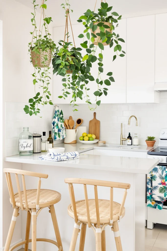 A tropical apartment kitchen counter with two wooden stools, a white subway tile backsplash, a gold faucet, and several hanging plants.