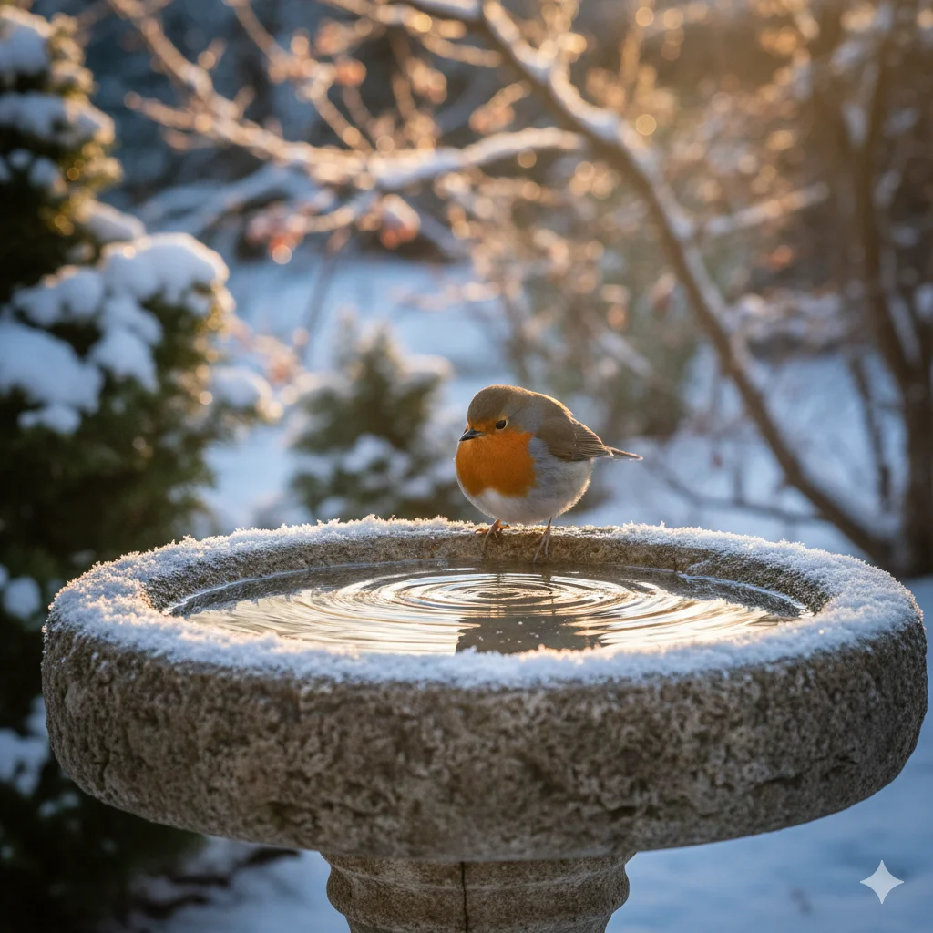 A European robin stands on a snow-dusted stone birdbath with ripples in the water, set against a blurred, snowy winter garden at sunrise or sunset.