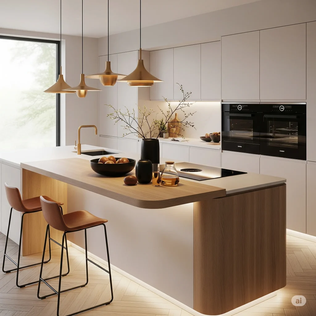 Luxurious, Smart and Modern kitchen design
A modern kitchen featuring white cabinets, a wood-topped island with two bar stools, and brass pendant lights.