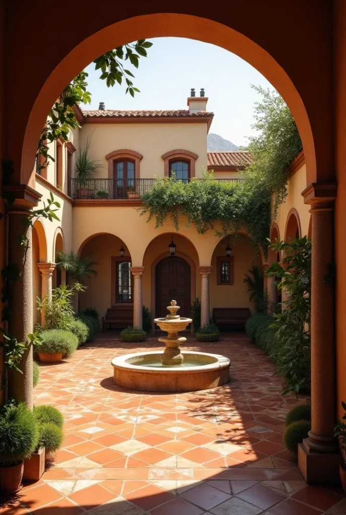 Spanish Colonial Courtyard Elegance
arched Spanish courtyard with terracotta tiles, climbing vines, and central fountain.