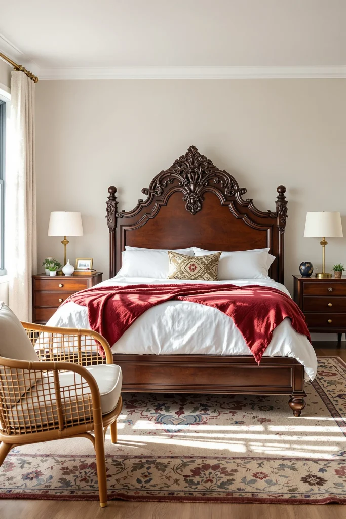 A Eclectic bedroom with a large, ornate wooden bed, two nightstands with lamps, a wicker chair, and a patterned rug with cherry red accent.