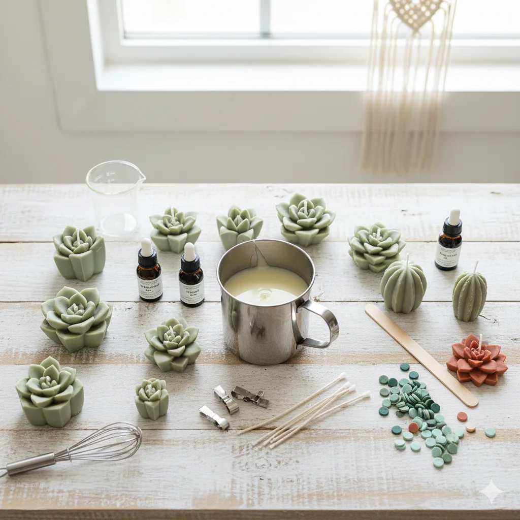 DIY Succulent Candles
A wooden table with a collection of succulent and cactus-shaped candles, alongside materials for making them, including a metal mug with melted wax, bottles of essential oils, and colored wax pellets.