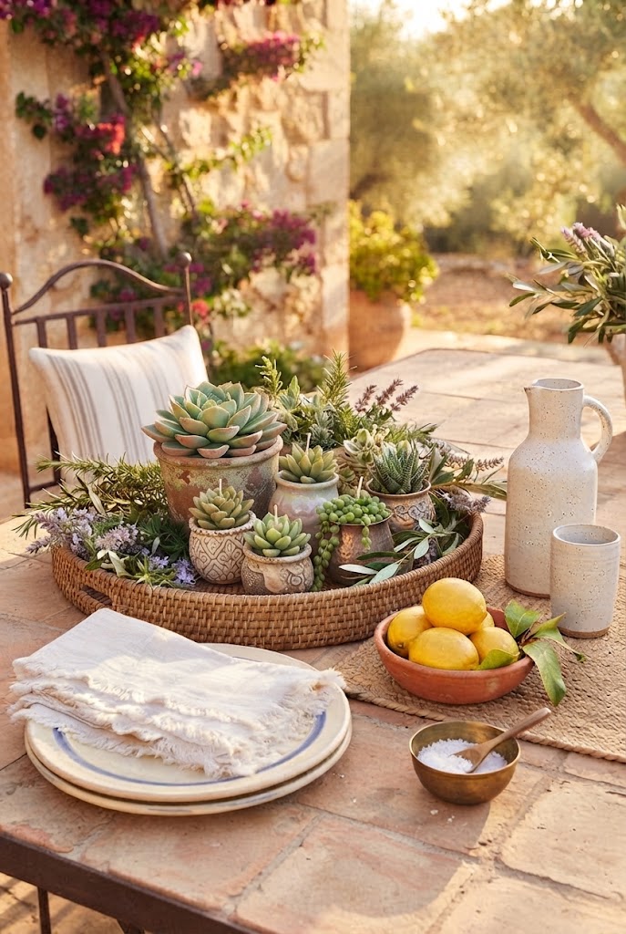 Succulent candles arranged like a miniature garden in a shallow tray