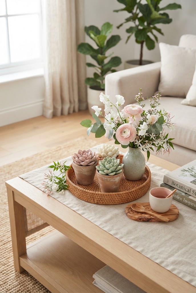 Succulent candles styled with spring home decor accents