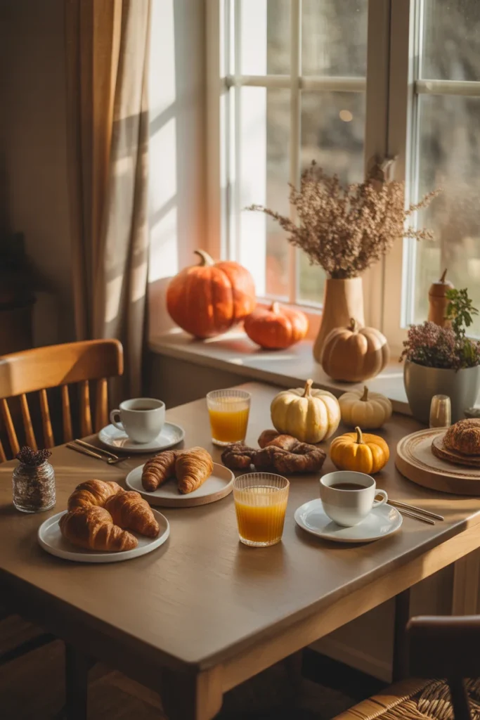 Breakfast Table with Fall Flavors
A cozy autumn breakfast scene with croissants, coffee, orange juice, and pumpkins on a table by a sunlit window.