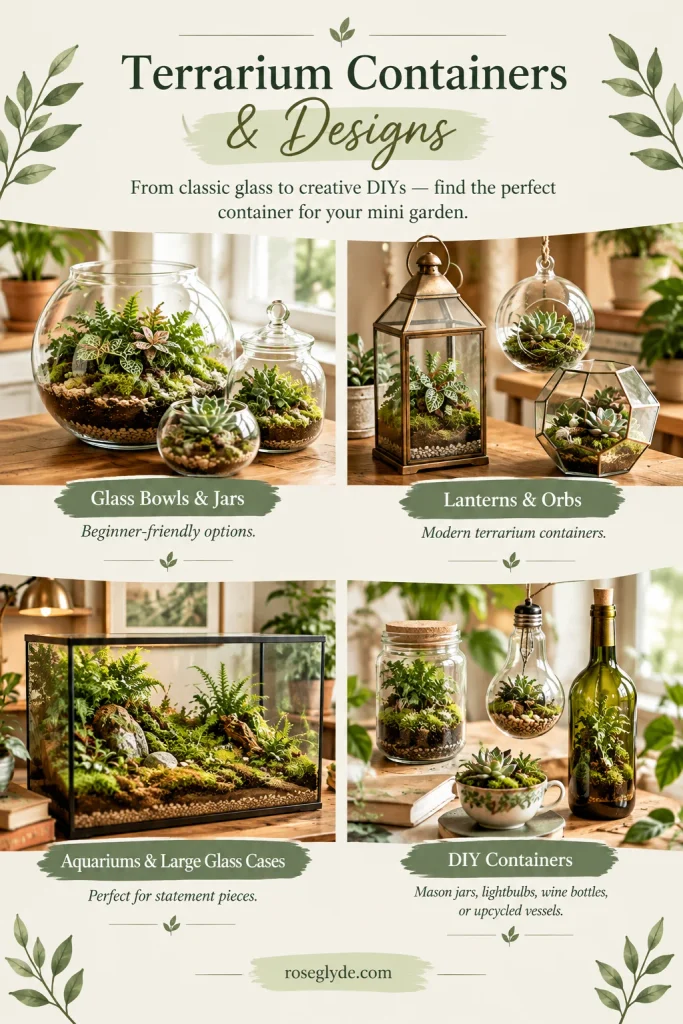 An infographic of terrarium container designs showing glass bowls and jars, lanterns and orbs, aquariums and large glass cases, and DIY containers like mason jars, lightbulbs, and wine bottles.