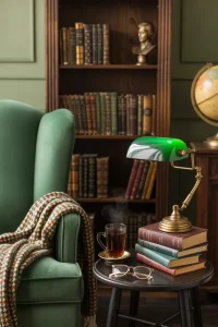 Fall Dark Academia Décor Ideas Cozy reading nook with a green armchair, plaid blanket, side table with stacked books, a warm lamp, mug, glasses, and a fallen leaf.