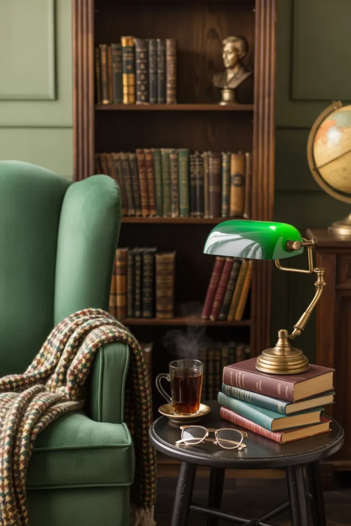 Fall Dark Academia Décor Ideas
Cozy reading nook with a green armchair, plaid blanket, side table with stacked books, a warm lamp, mug, glasses, and a fallen leaf.