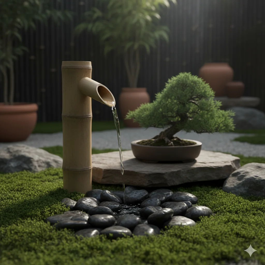 stone basin fountain of Japandi Garden Oasis