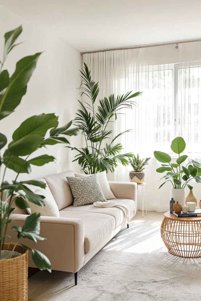 A serene tropical apartment living room with a beige couch and numerous lush green houseplants, illuminated by natural light from a large window. 