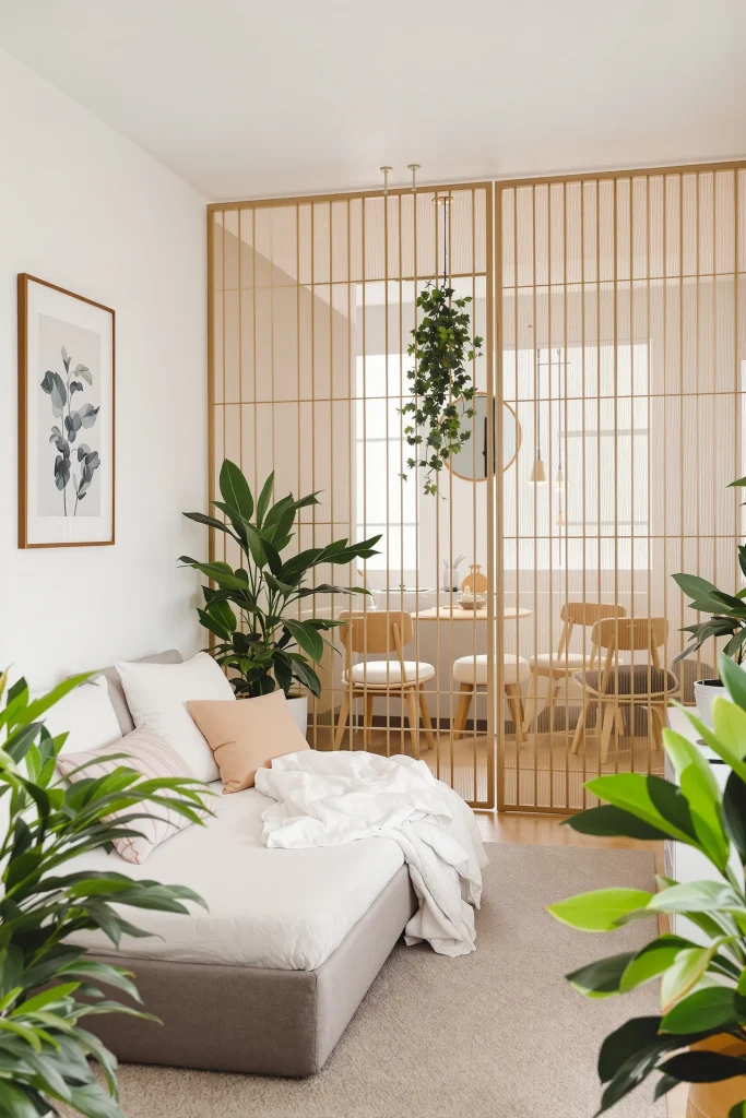 Tropical Modern Apartments
A cozy, sunlit living space with a daybed, several potted plants, and a slatted room divider separating the area from a dining table and chairs.