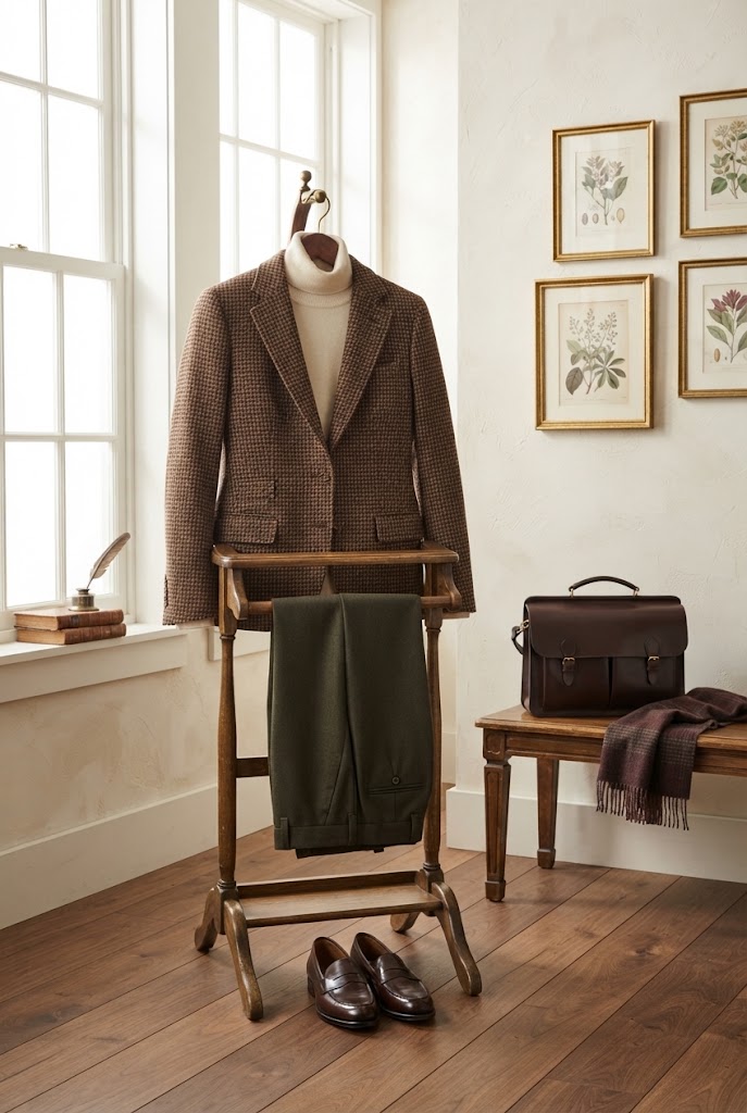 A tweed blazer in traditional academic style, layered over a classic winter outfit.