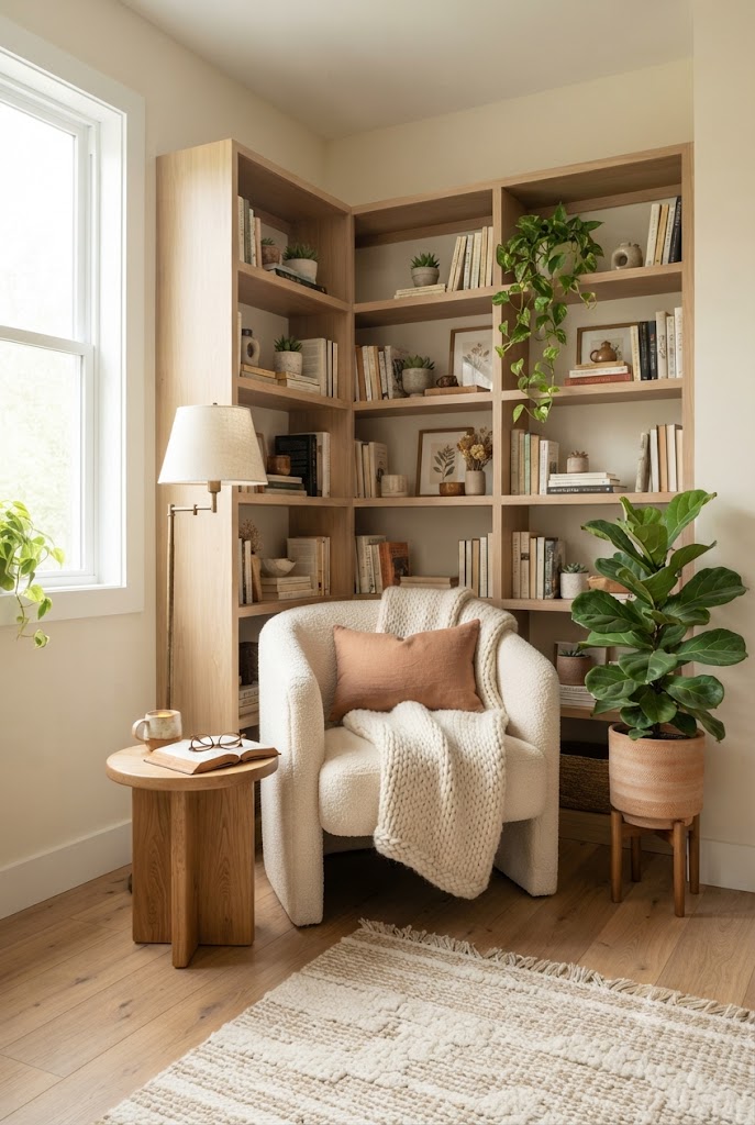Corner Bookshelf for reading nook