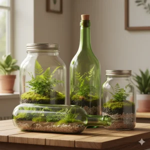 Terrariums planted in upcycled glass jars and green bottles with ferns and moss