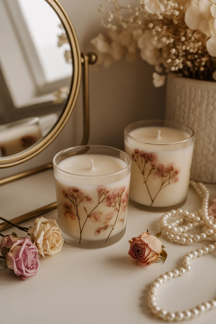 A close-up shot of two glass jar candles with pressed dried flowers on a white surface, surrounded by a pearl necklace and several roses.