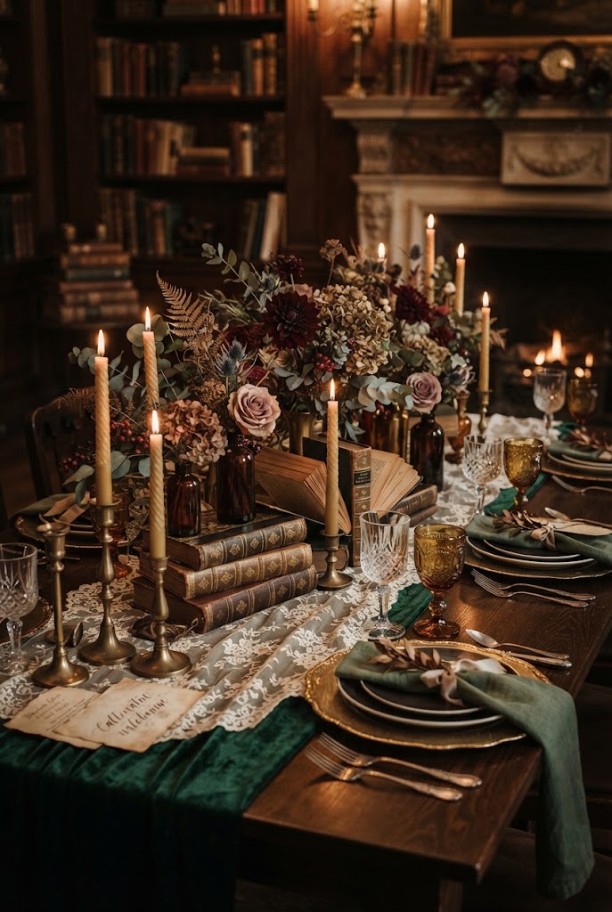 dark velvet table runner for dark moody wedding