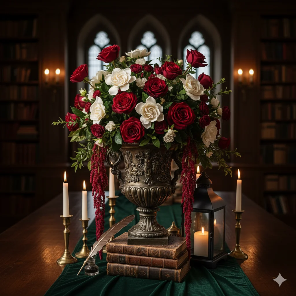 Victorian Opulence
A large floral arrangement of red roses and white flowers in a decorative urn, surrounded by candles, old books, and a quill on a dark wooden table in a dimly lit room.