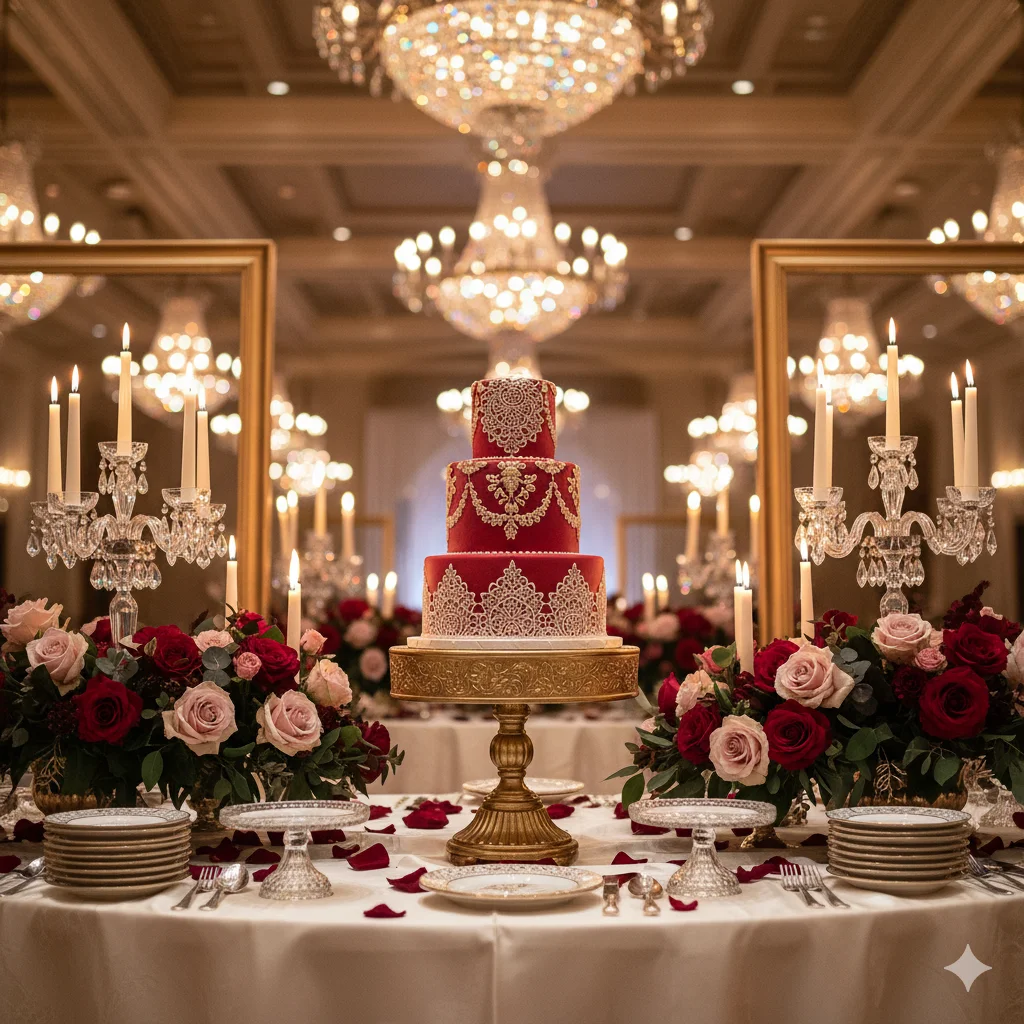 Dark Academia wedding cake.
A three-tiered red wedding cake with white lace-like decoration on a gold stand, surrounded by floral arrangements and candles on a decorated table in a grand ballroom.