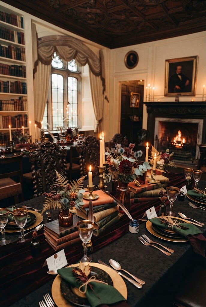 Vintage Dark Academia Wedding Reception Centerpieces