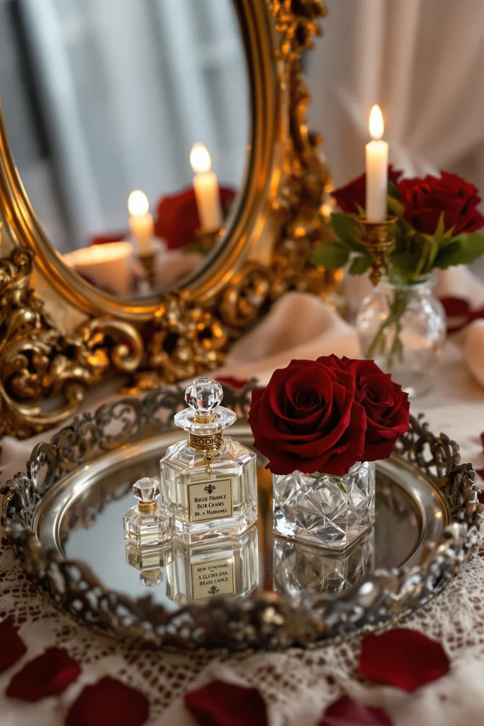 Cherry red French Boudoir Inspired details with Parisian Elegance
A still life featuring perfume bottles, red roses, and lit candles on a silver tray in front of an ornate mirror.