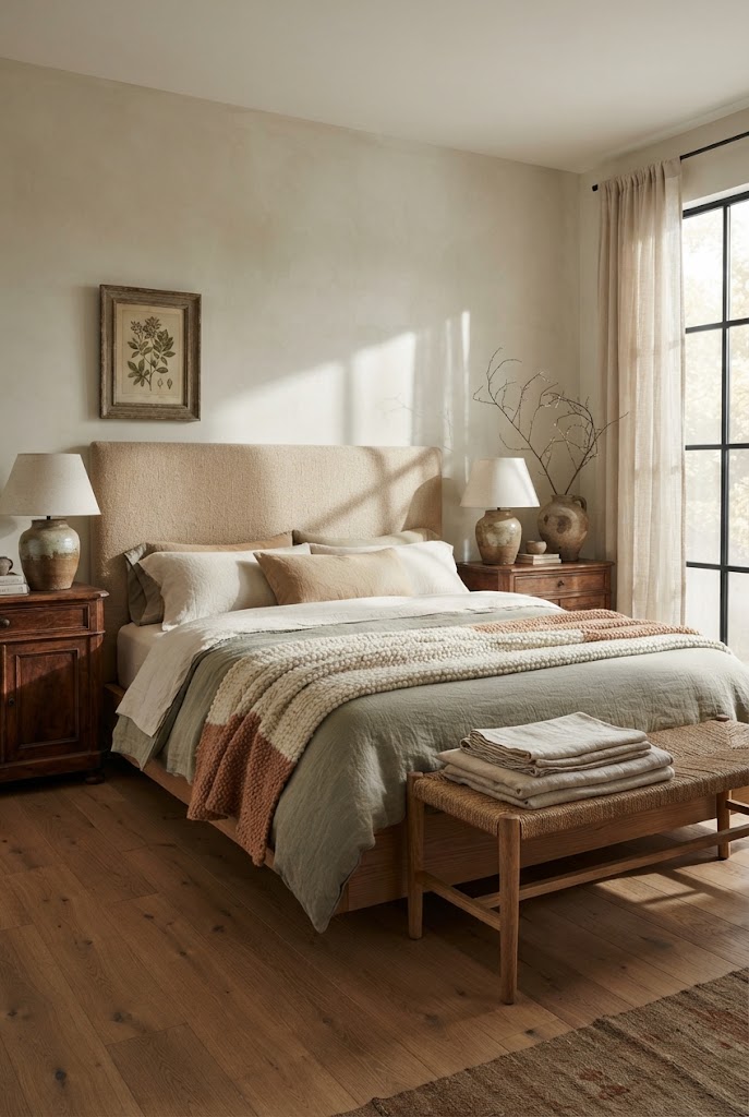 A calm Wabi-Sabi bedroom with a beige upholstered headboard, layered linen bedding, ceramic lamps on wooden nightstands and a woven bench at the foot of the bed.
