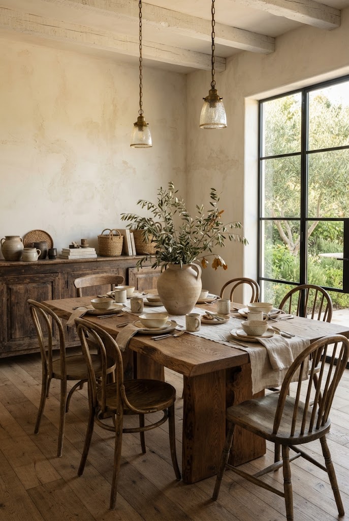 A Wabi-Sabi dining room with a rustic wooden table, mismatched wooden chairs, handmade ceramic tableware and a clay pitcher of olive branches under glass pendant lights.