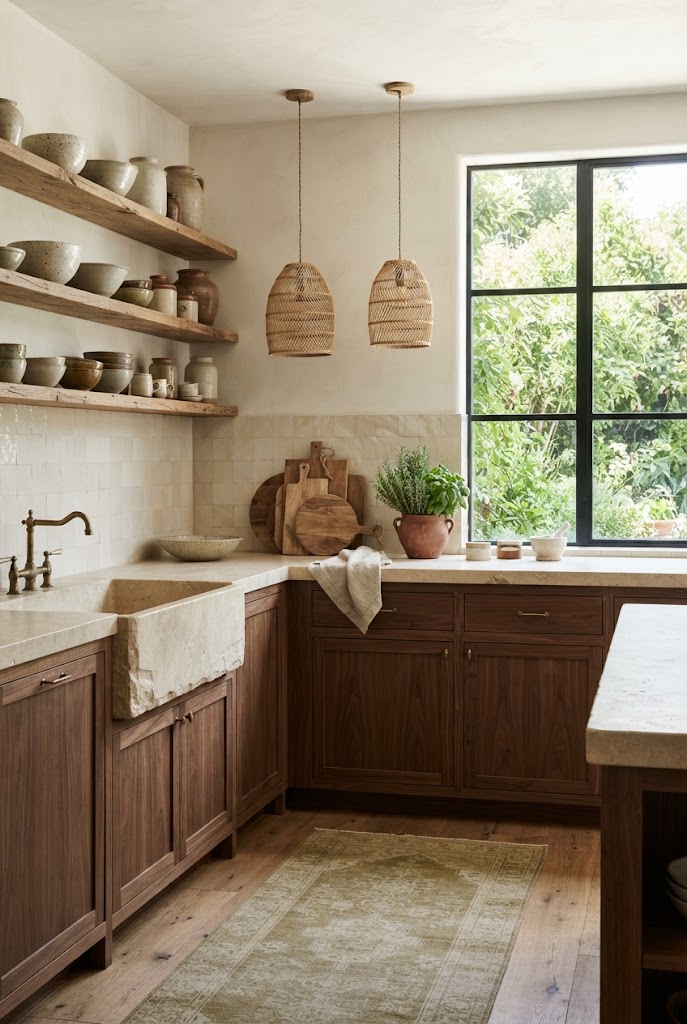 A Wabi-Sabi kitchen with dark wooden cabinets, a stone farmhouse sink, open shelves of handmade pottery and woven pendant lights by a garden window.
