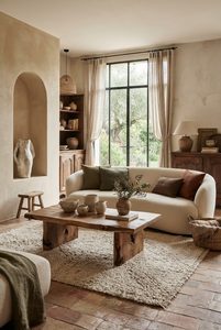 A serene Wabi-Sabi living room with a curved cream sofa, earthy cushions, handmade pottery on wooden shelves and tall windows overlooking greenery.