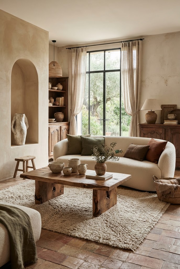 A serene Wabi-Sabi living room with a curved cream sofa, earthy cushions, handmade pottery on wooden shelves and tall windows overlooking greenery.