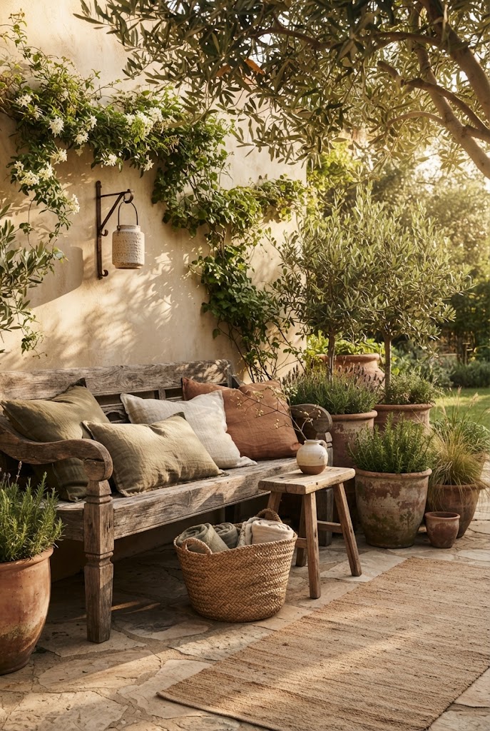 A Wabi-Sabi outdoor space with a weathered wooden bench, linen cushions, terracotta pots of olive trees and herbs, climbing jasmine and a jute rug on stone paving.