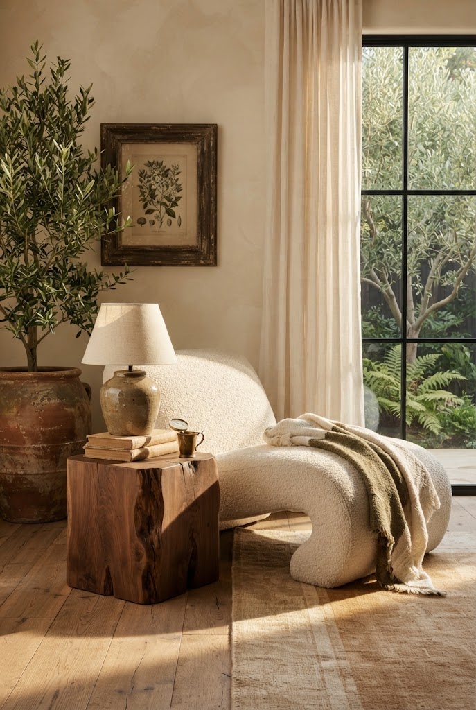 A Wabi-Sabi reading nook with a cream boucle lounge chair, a live-edge wooden side table with books and a ceramic lamp, and a potted olive tree by the window.