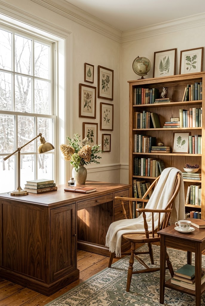 Warm wood furniture in an academia-inspired interior — a wooden desk and bookcase.