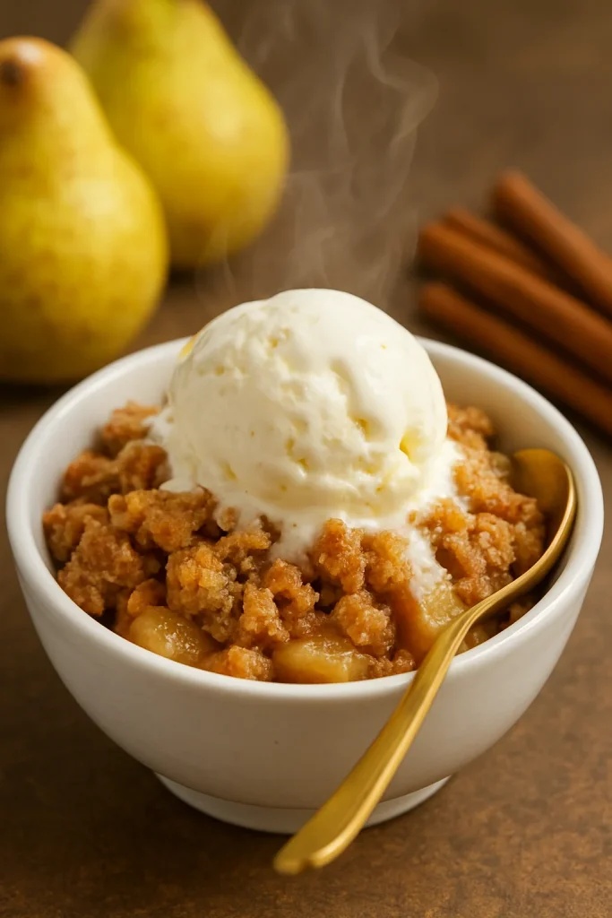 Fall Dessert Recipe of Warm Pear and Cinnamon Crumble with vanilla ice cream