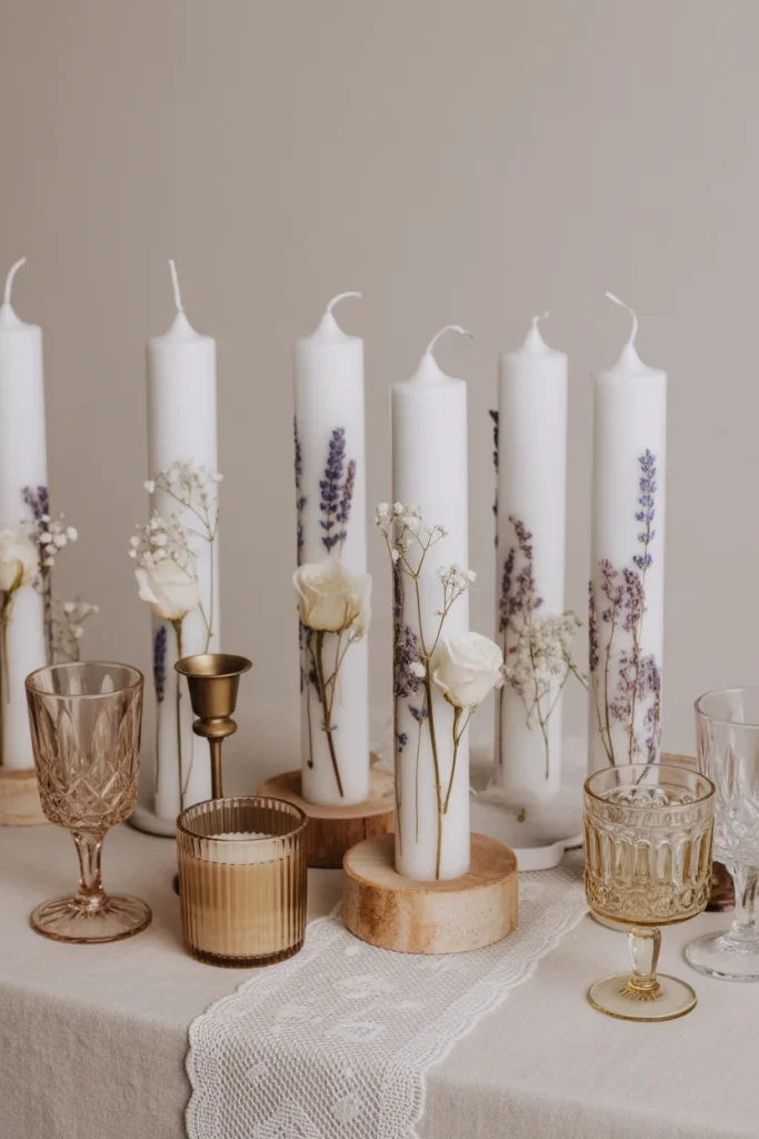 A unity candle set with a pillar candle and two taper candles decorated with dried lavender flowers.