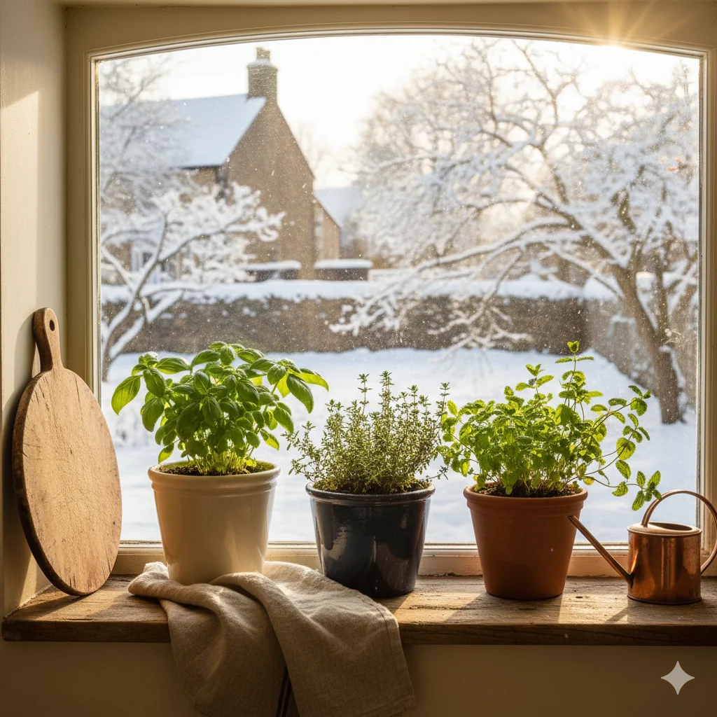 Windowsill herb garden with basil and mint in winter light