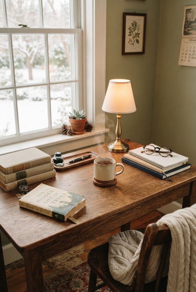 A personal winter academia study corner with a wooden desk, books, and a warm lamp.