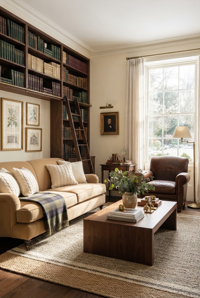 A winter academia living room with an armchair, wooden coffee table, bookshelves, and layered textiles.