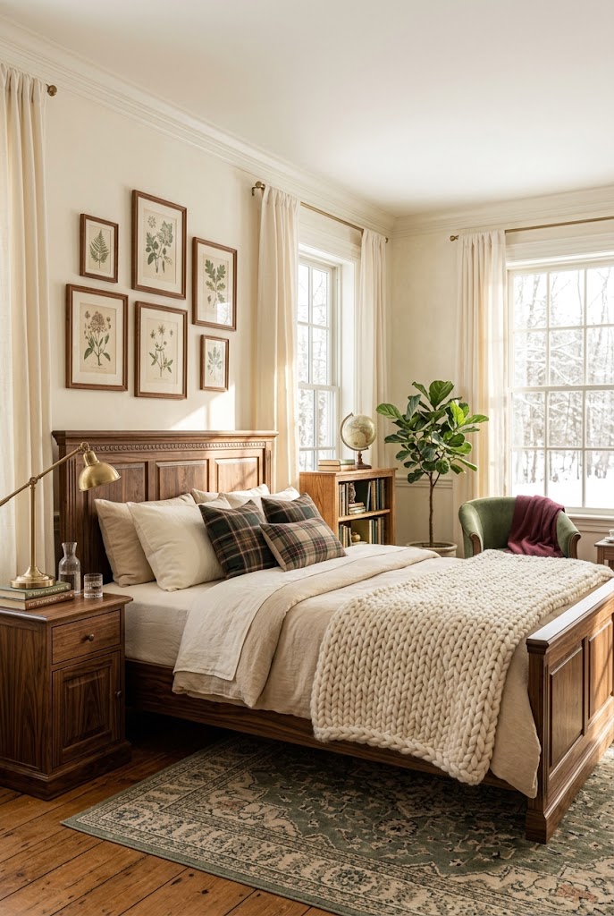 A winter academia bedroom with warm bedding, a knitted throw, and a bedside stack of books.
