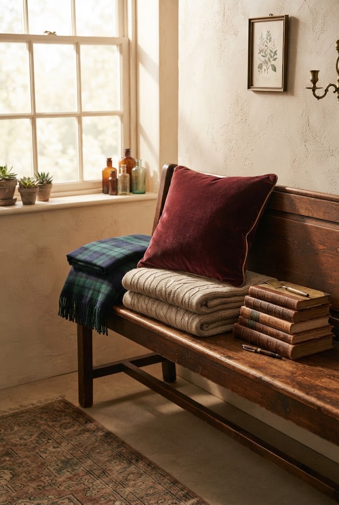 Cozy winter textures in an academia interior — wool throws, velvet cushions, and layered fabrics.