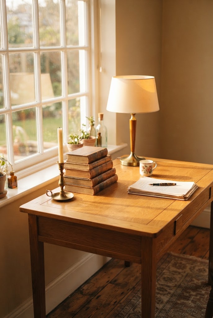A bright academia living space lit by natural daylight, with cream walls and warm wood tones.
